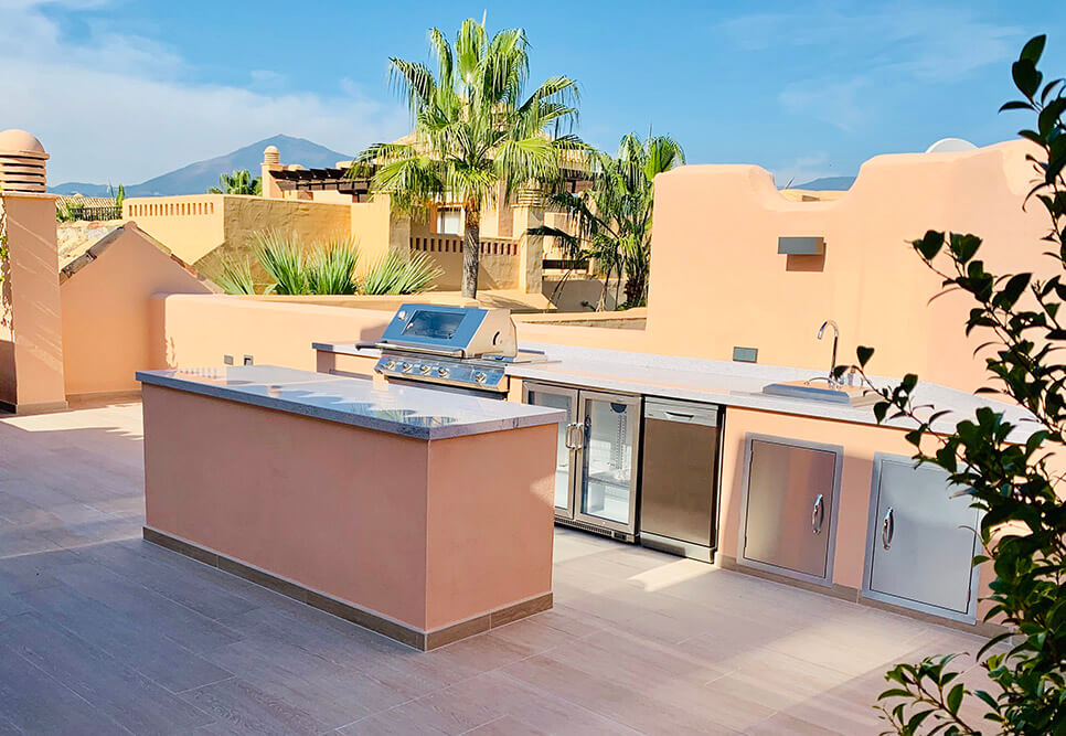 Outdoor kitchen on rooftop with view