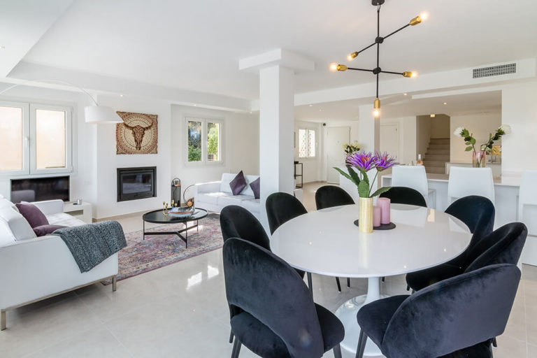 interior design clean white decor purple accents