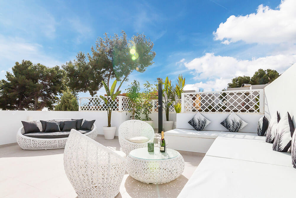 luxury white spanish rooftop with outdoor shower and chillout zone