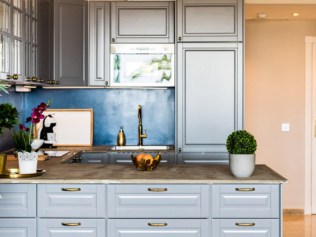 Stylish blue and grey kitchen in Marbella