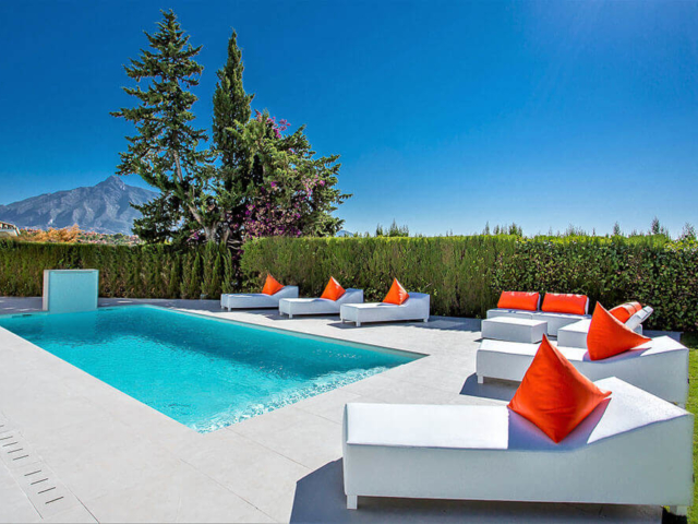 Stylish pool and leather loungers by ProMas in Puerto Banus
