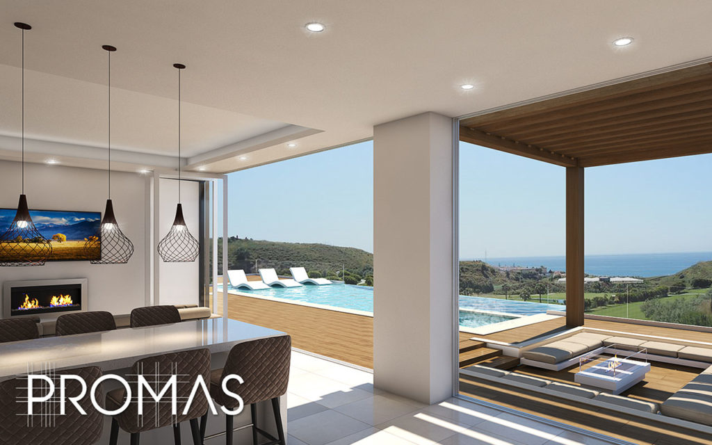 Stunning ProMas 3d model of cosy living room and pool overlooking the Costa del Sol in Marbella