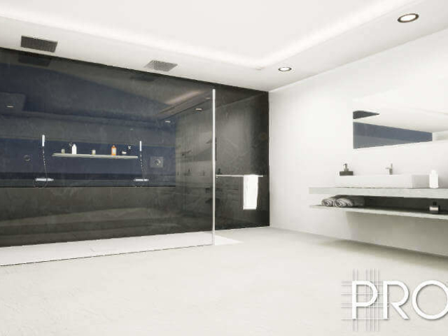 Sleek black and white spacious bathroom with double sink in Puerto Banus