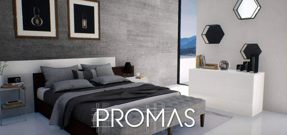 3D design for stylish black and white bedroom suite with hexagonal wall shelves in the Costa del Sol
