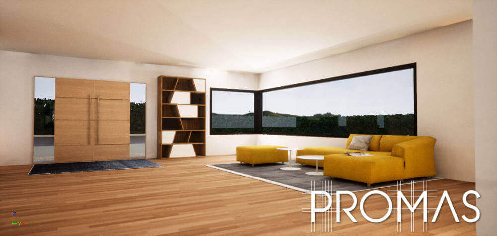 3d design warm timber floors with yellow couch and geometric design shelves in Marbella