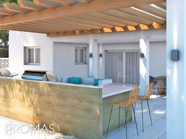 3D design for stylish light timber and white outdoor kitchen and living in Mijas, Costa del Sol