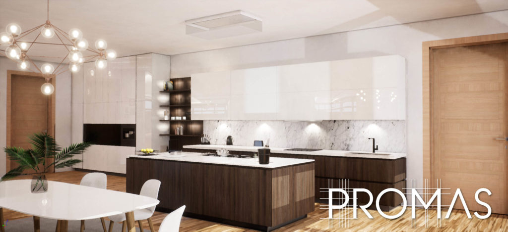 Stylish modern kitchen 3D design in brown and white