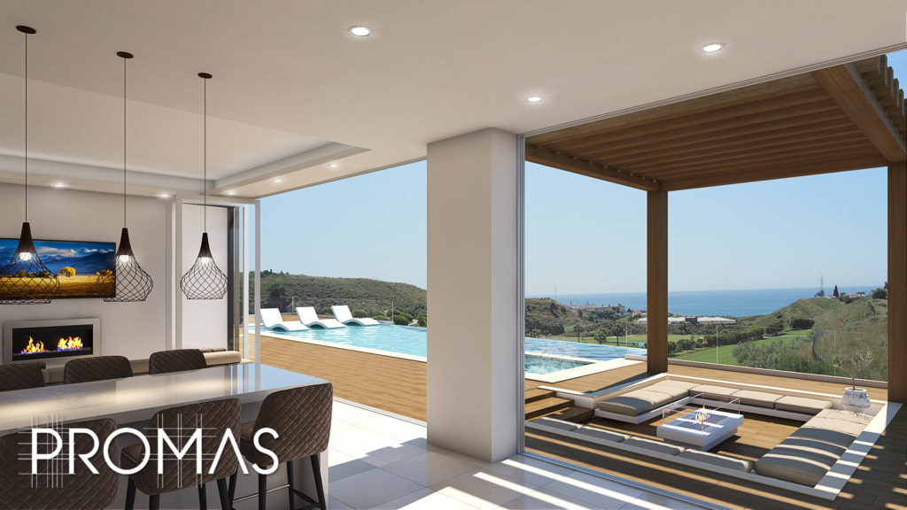 Open plan kitchen 3D design overlooking pool, chillout and sea