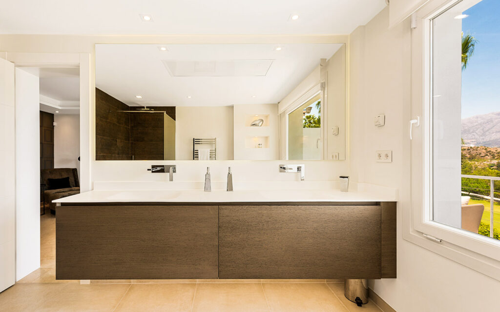 Stylish dark timber floating double vanity in Marbella