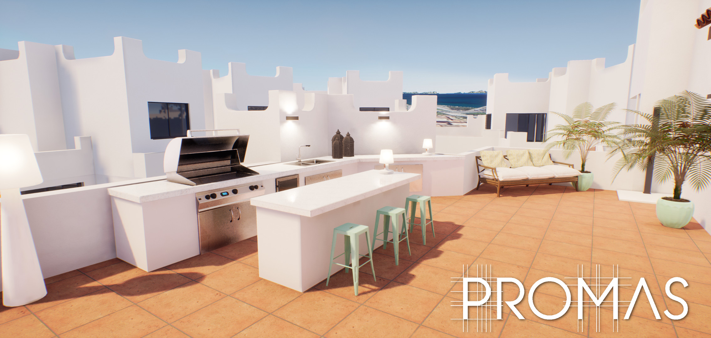 3D design for stylish white Spanish rooftop kitchen and chillout zone