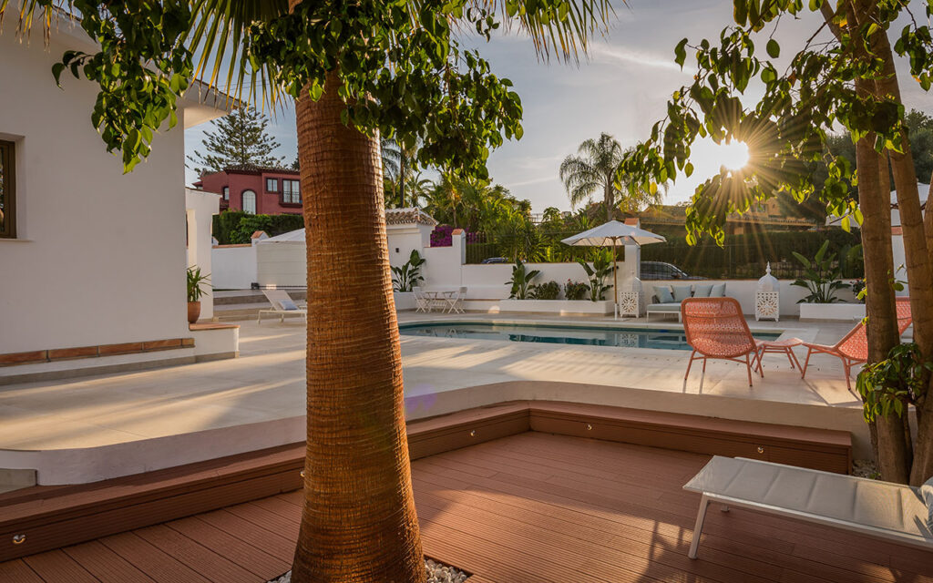 Timber deck and natural stone around pool area