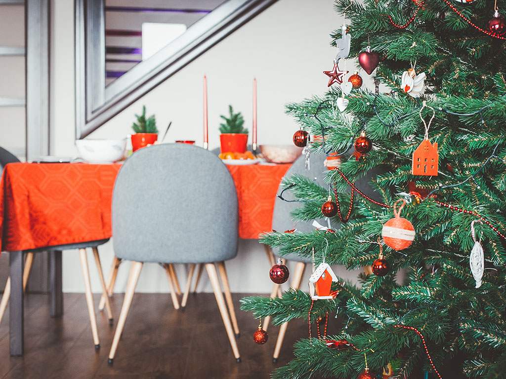 Grey and orange Christmas living room