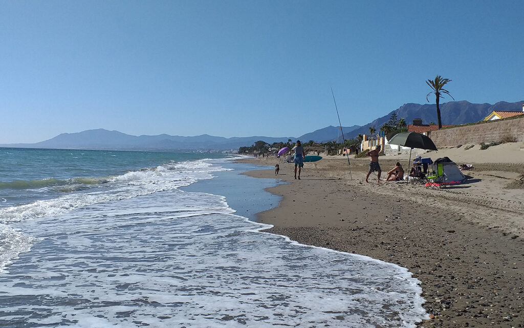 Beach with mountains in distance Elviria, east Marbella