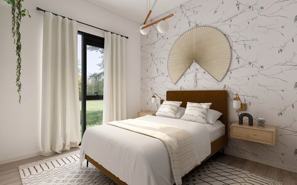 Beige bedroom with feature cherry blosson wallpaper