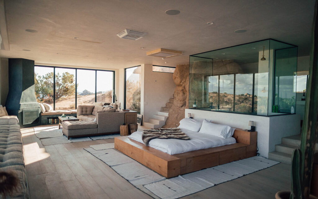 Grey bedroom with feature fire