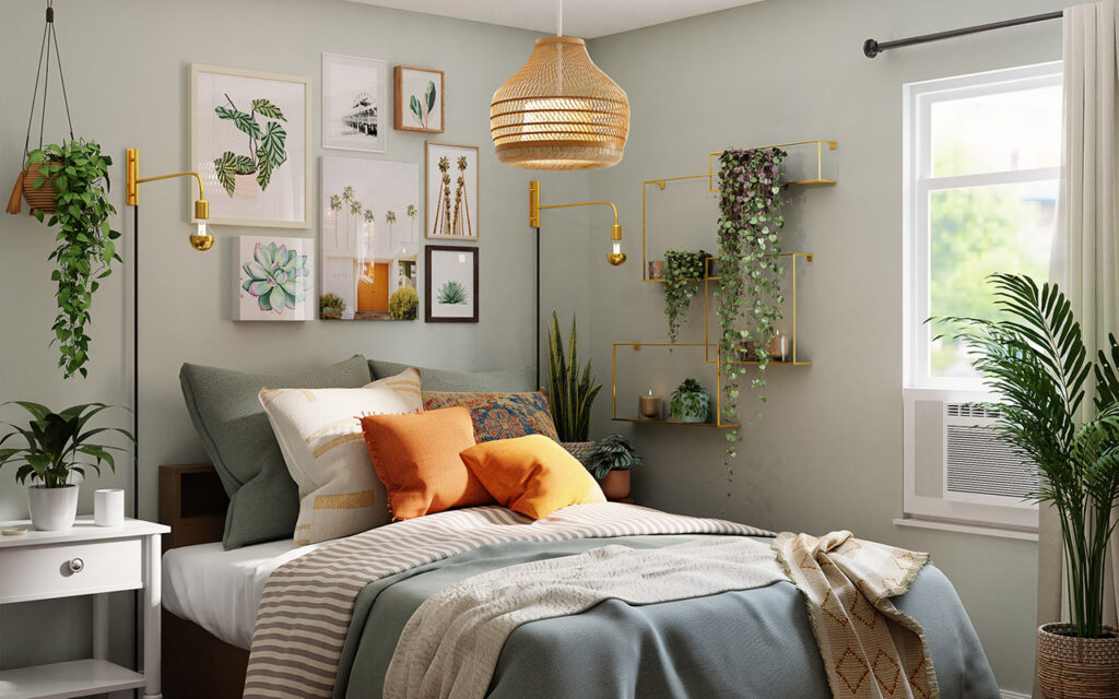 Blue and beige toned bedroom with feature drawings and plants