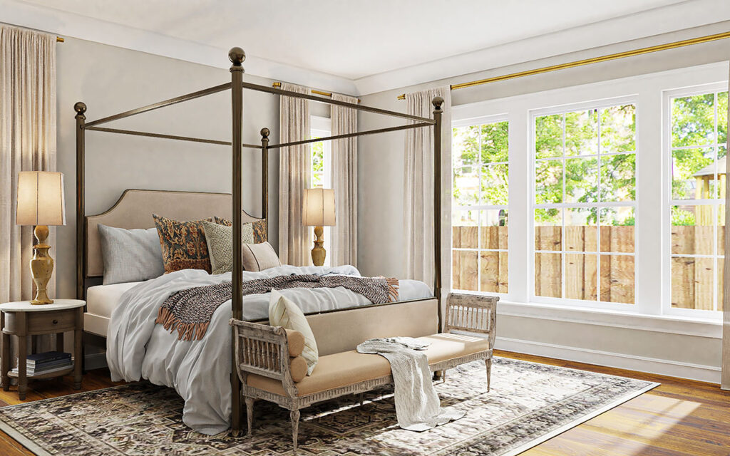 Traditional beige bedroom with four poster bed