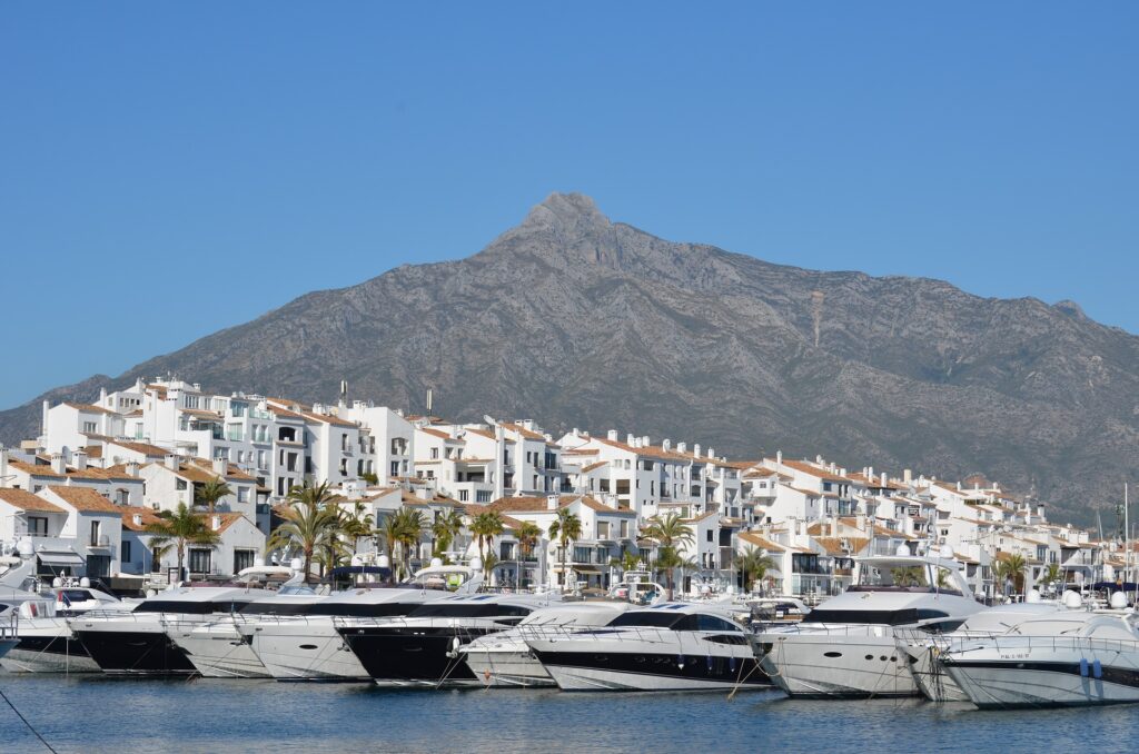 Puerto Banus Marbella. Mountains meet sea.