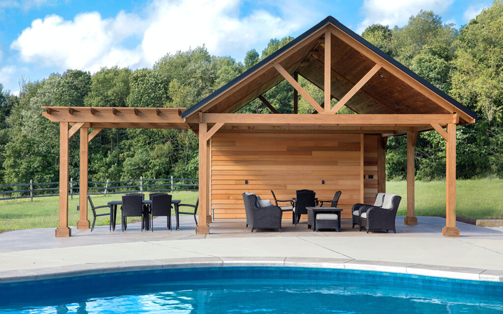 Hybrid timber gazebo and pergola next to swimming pool