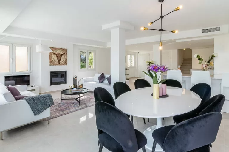 interior design clean white decor purple accents