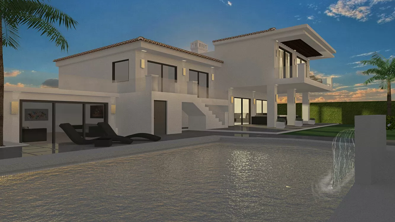 Modern villa with a pool, landscaped garden, and large windows under a blue sky.